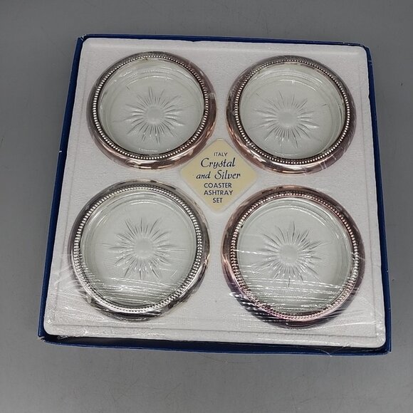 Leonard Italy Set of 4 Vintage Crystal & Silver Plate Ashtrays/Coasters NOS - Picture 1 of 4